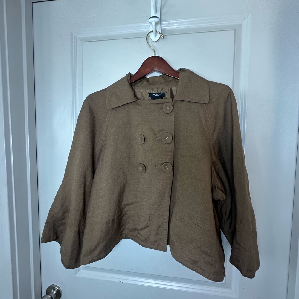 Sandro Linen Blend Crop Double Breasted Lightweight Brown Swing Blazer Jacket,XL - Picture 6 of 7